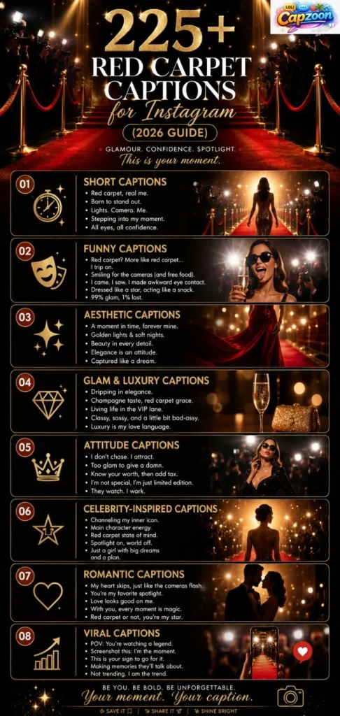 Infographic featuring 225+ red carpet captions for Instagram, organized into luxury, funny, aesthetic, and viral categories with a glamorous fashion event theme.