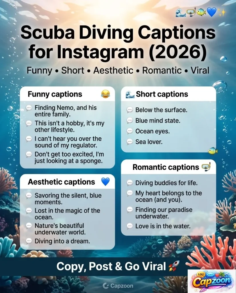 Scuba diving captions for Instagram 2026 infographic featuring funny, short, aesthetic, and romantic underwater captions with an ocean-themed design and viral social media style.