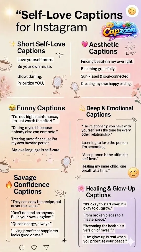 Self-love captions for Instagram infographic 2026 featuring aesthetic, funny, deep, and confidence-boosting caption ideas for reels, selfies, and glow-up posts.