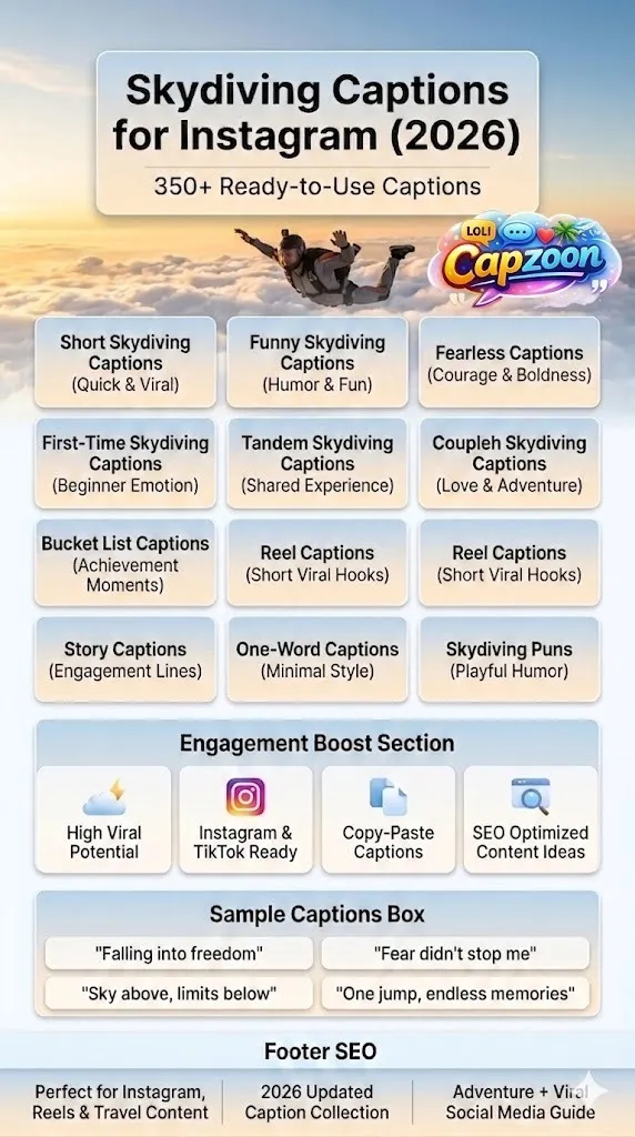 Skydiving infographic showing 350+ Instagram captions including funny, short, fearless, and bucket list skydiving quotes for reels, stories, and posts.