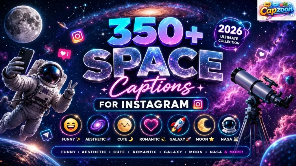 350+ Space captions for Instagram infographic featuring galaxy, astronaut, moon, stars, Milky Way, and aesthetic cosmic caption ideas for social media posts.