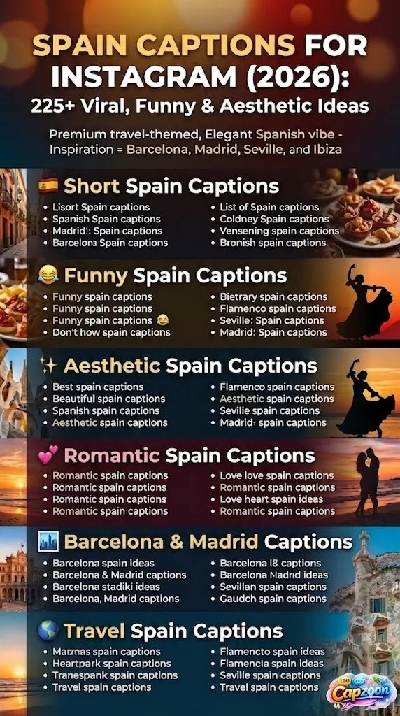Vertical Instagram infographic showing “Spain Captions for Instagram (2026)” with 225+ caption ideas including funny, aesthetic, romantic, short, and travel captions, designed with a warm Spanish-themed aesthetic featuring sunset colors, Barcelona and Madrid inspiration, and clean typography.