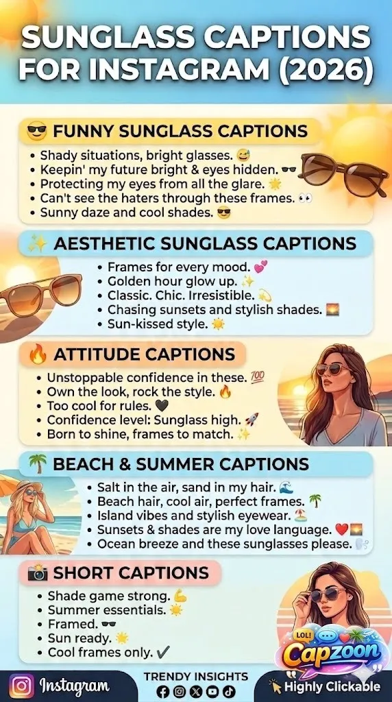 Sunglass captions for Instagram 2026 infographic featuring funny, aesthetic, attitude, beach, and short caption ideas in a modern viral social media design.