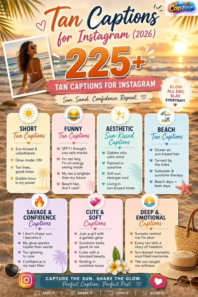 Infographic showing 225+ tan captions for Instagram, including funny, aesthetic, beach, cute, and savage captions for sun-kissed summer posts and glow-up photos.