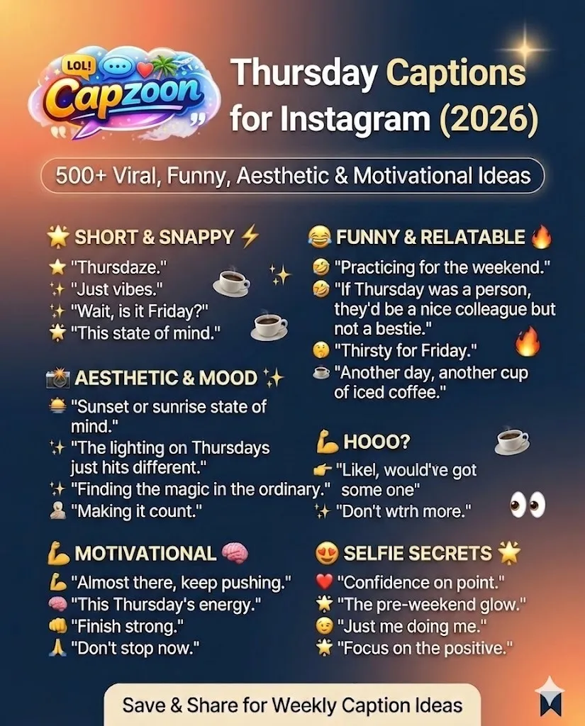 Thursday Captions for Instagram 2026 infographic showing viral funny, aesthetic, motivational, and short caption ideas for high-engagement social media posts.