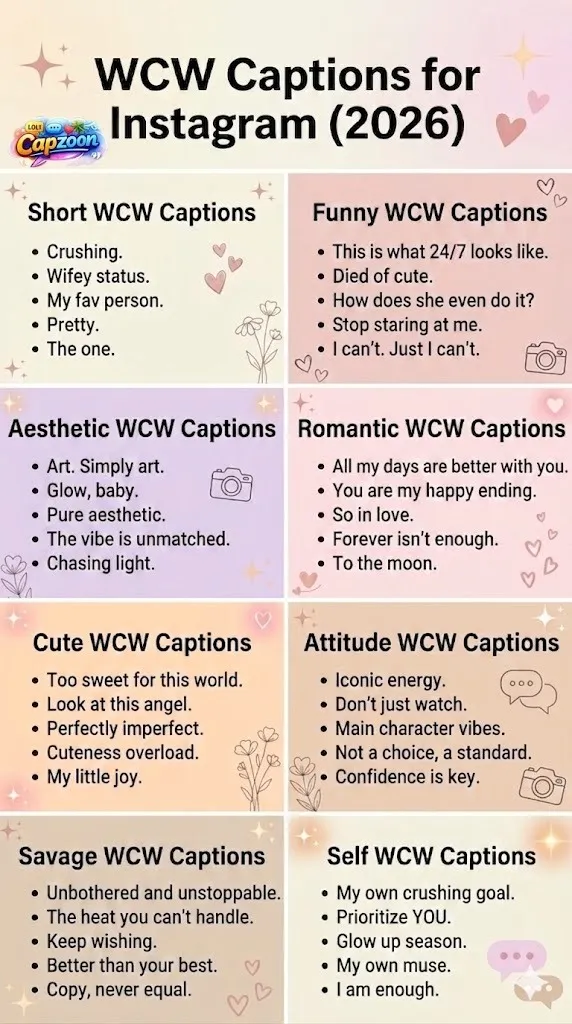 WCW Captions for Instagram 2026 infographic featuring aesthetic, funny, romantic, savage, and short caption ideas in a pastel viral social media design.