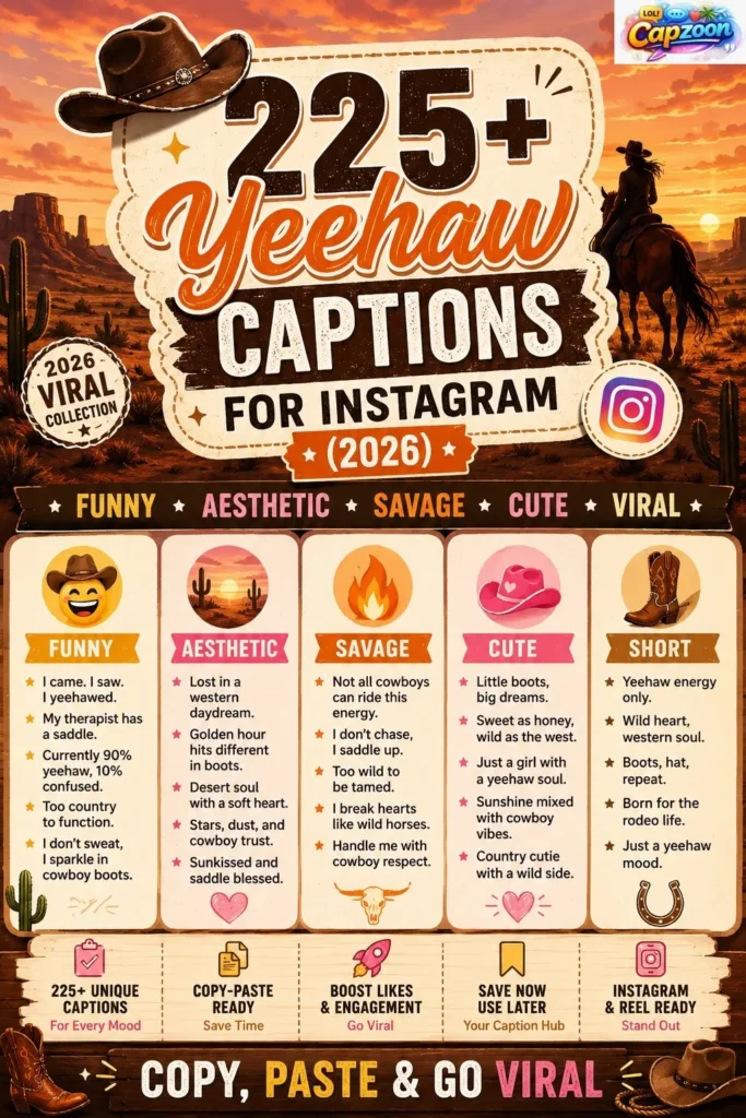 Infographic showing 225+ yeehaw captions for Instagram (2026), including funny, aesthetic, savage, cute, and short cowboy-themed captions designed for viral social media posts.