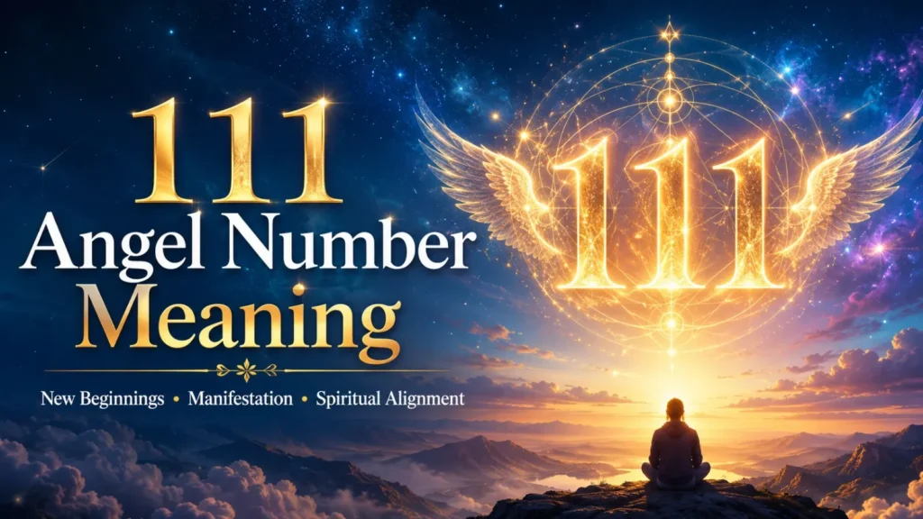111 Angel Number Meaning featured image showing glowing 111 numbers with celestial light, symbolizing new beginnings, manifestation, spiritual awakening, and divine alignment.