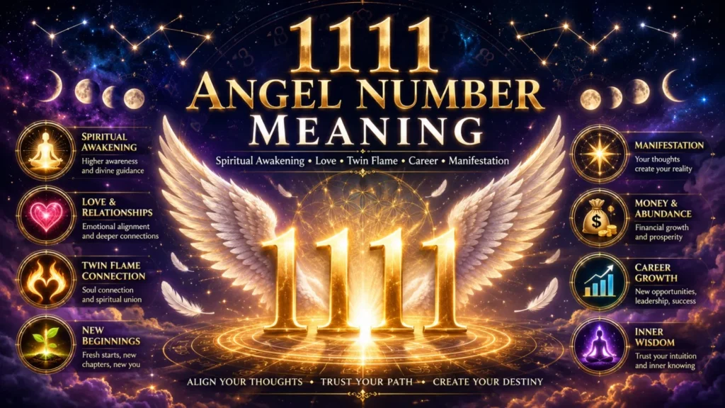 1111 Angel Number Meaning infographic showing spiritual awakening, love, twin flame, manifestation, career growth, money, and new beginnings with a glowing golden angel number 1111 on a celestial cosmic background.