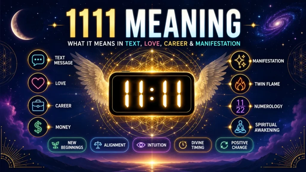 1111 Meaning infographic showing the meaning of 1111 in text messages, angel numbers, love, career, money, manifestation, and spiritual awakening.