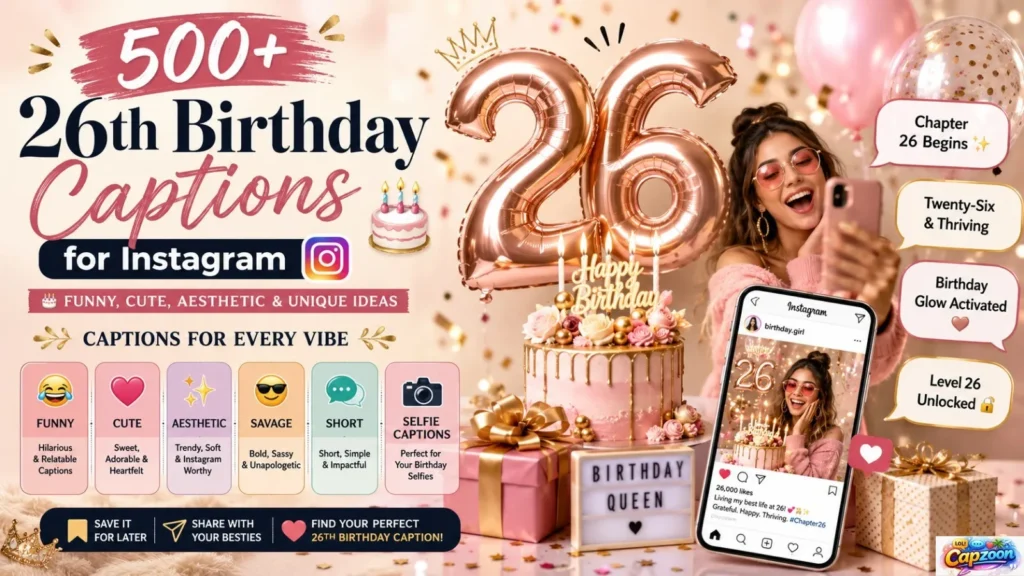 500+ 26th Birthday Captions for Instagram infographic featuring funny, cute, aesthetic, and unique birthday caption ideas with a stylish birthday celebration design.