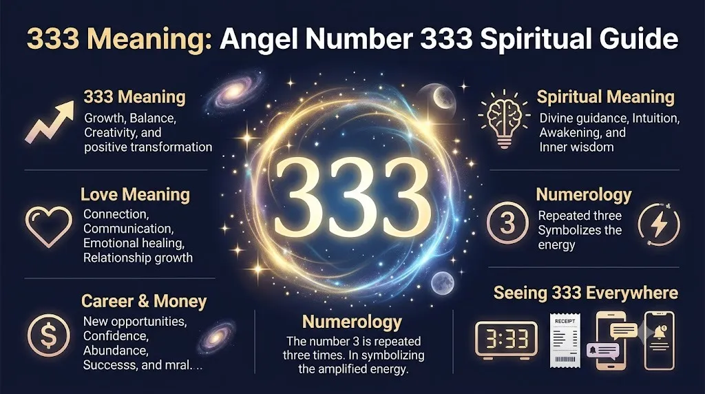 "333 Meaning angel number infographic showing spiritual symbolism, love, numerology, manifestation, and life guidance"