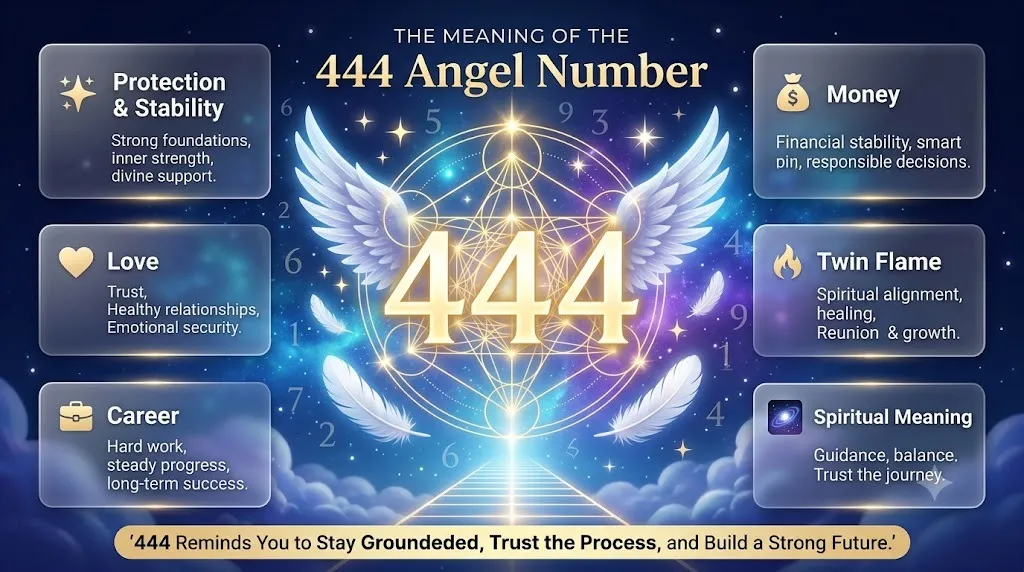 444 angel number meaning infographic showing spiritual guidance, love, career, money, twin flame, stability, protection, and numerology symbolism.