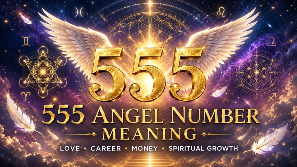 555 Angel Number Meaning infographic featuring glowing golden 555 with angel wings, celestial light, sacred geometry, and a cosmic galaxy background representing change, spiritual growth, love, career, and transformation.