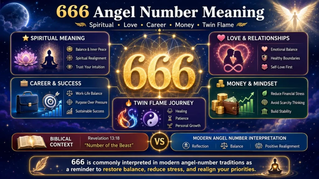 666 Angel Number Meaning infographic showing spiritual meaning, love, career, money, twin flame guidance, and biblical vs modern interpretation.