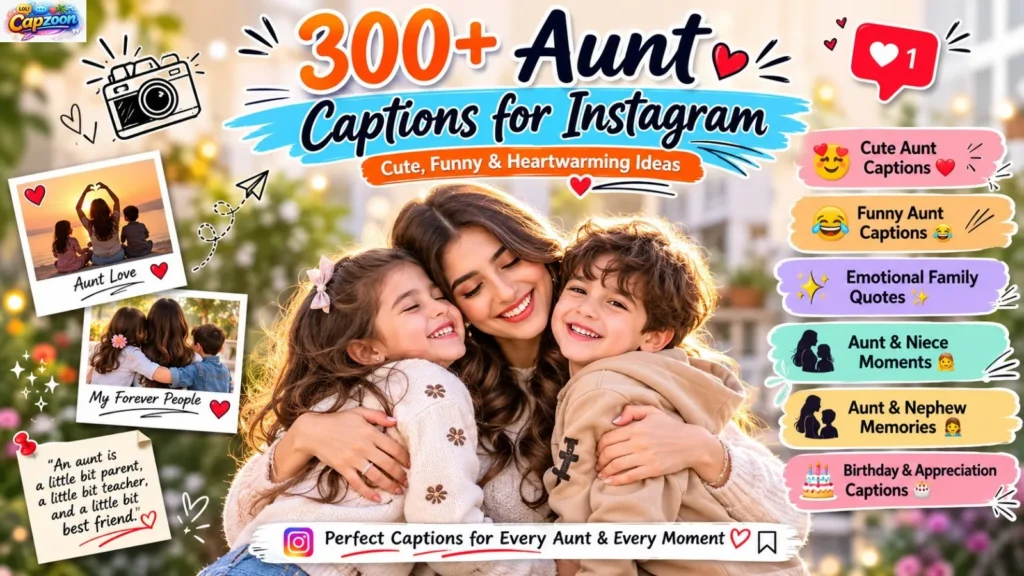 Aunt captions for Instagram infographic featuring cute, funny, emotional, and heartwarming caption ideas for family photos.