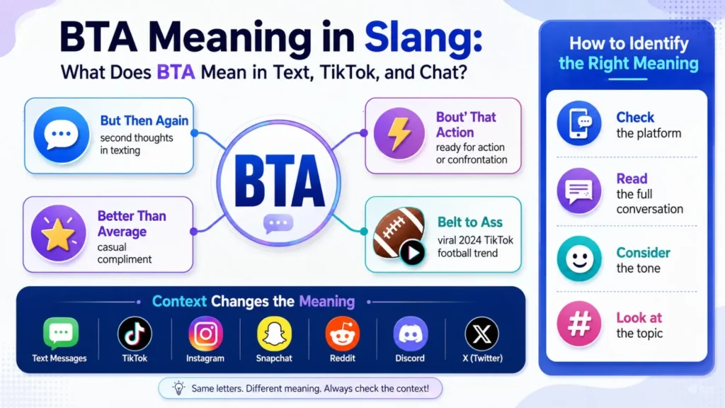 BTA meaning in slang infographic showing the meanings But Then Again, Better Than Average, Bout' That Action, and the TikTok football trend Belt to Ass with context-based usage examples.