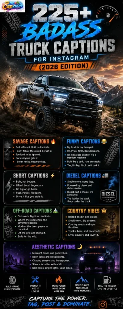“Infographic showing 225+ badass truck captions for Instagram 2026 edition with savage, funny, diesel, off-road, and country truck lifestyle themes in modern neon design”