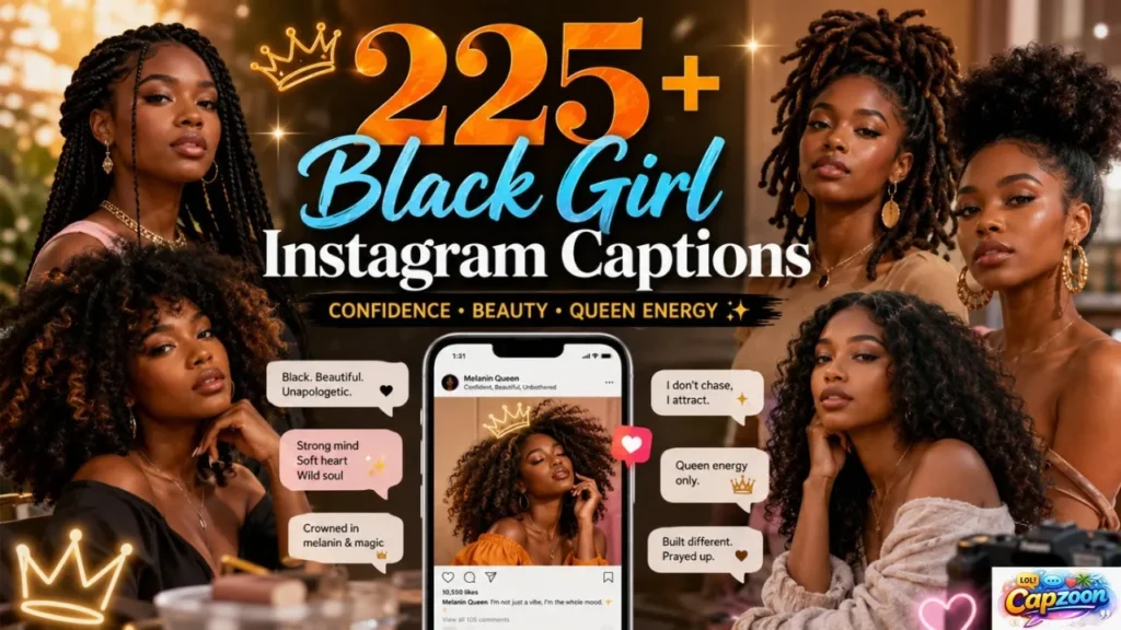 225+ Black Girl Instagram Captions featuring confident Black women, melanin beauty, self-love, and queen energy ideas for social media posts.