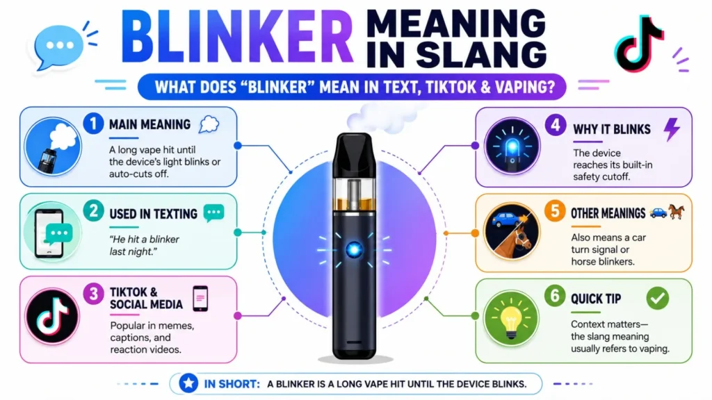 Blinker meaning in slang infographic explaining what blinker means in vaping, texting, TikTok, social media, and its other dictionary meanings.