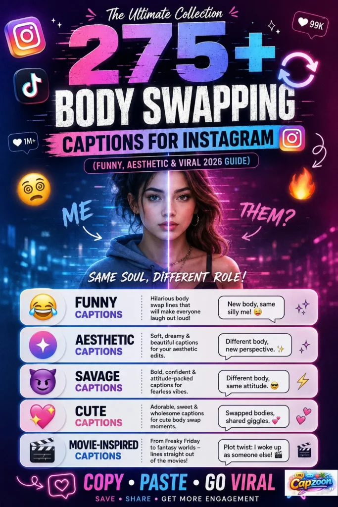 Infographic showing 275+ body swapping captions for Instagram, including funny, aesthetic, savage, cute, and movie-inspired caption ideas for viral social media posts in 2026.