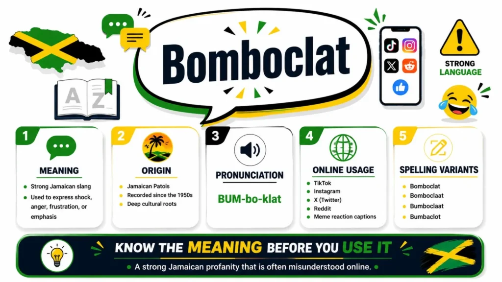 Bomboclat Meaning infographic showing the definition, Jamaican Patois origin, pronunciation, spelling variants, and social media usage of the slang word.