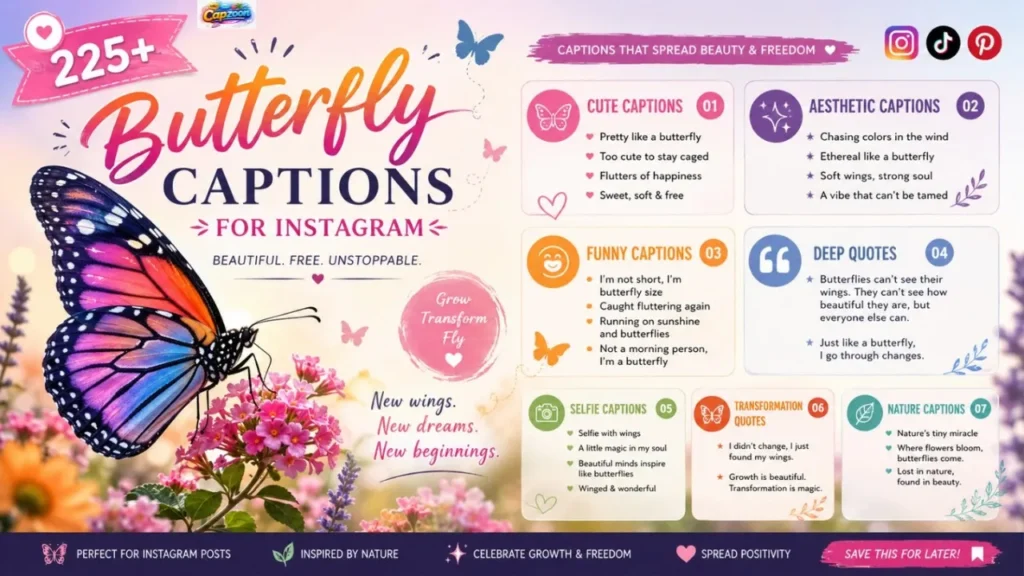 225+ butterfly captions for Instagram infographic featuring cute, aesthetic, funny, and meaningful butterfly quote ideas.