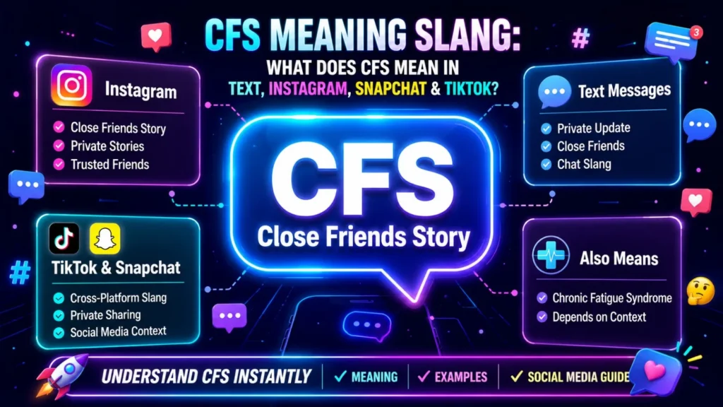 CFS Meaning Slang infographic showing Close Friends Story meaning on Instagram, texting, Snapchat, TikTok, and other meanings, including Chronic Fatigue Syndrome.