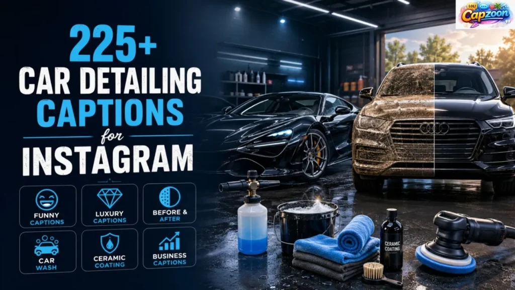 225+ car detailing captions for Instagram infographic featuring a luxury car with a showroom shine, before-and-after detailing transformation, ceramic coating, and professional auto detailing tools.