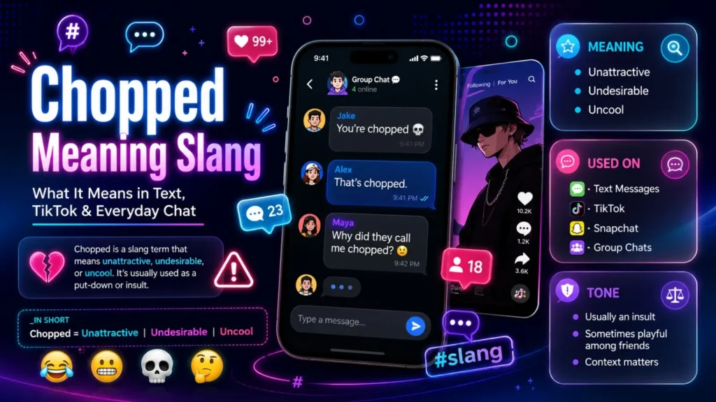 Chopped Meaning Slang infographic explaining what "chopped" means in text messages, TikTok, Snapchat, and online chat, including its definition, usage, and whether it is considered an insult.