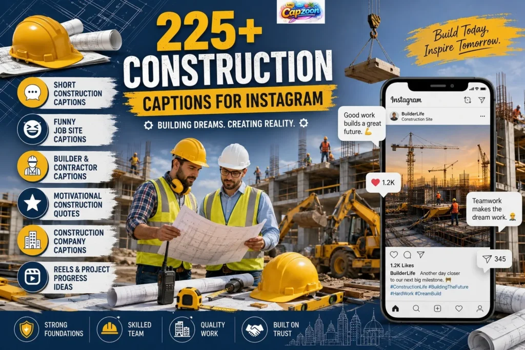 225+ Construction Captions for Instagram featuring funny, professional, and motivational ideas for builders, contractors, workers, and construction companies.