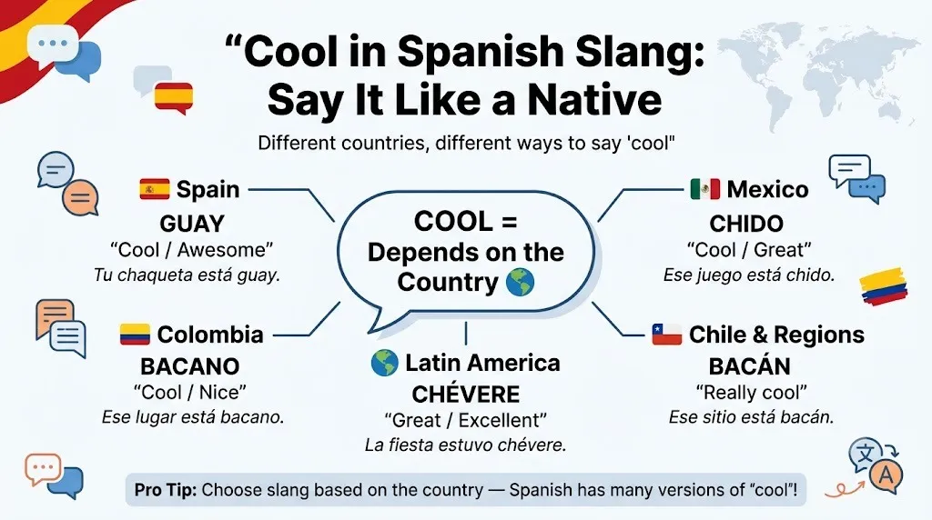 Cool in Spanish slang infographic showing regional words like guay, chido, chévere, bacano, and bacán with examples by country.