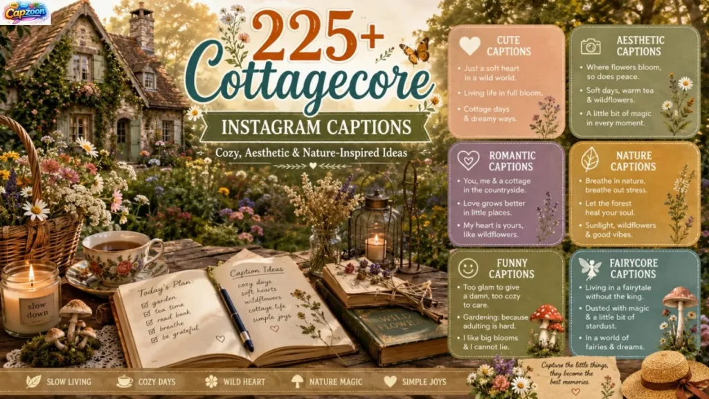 Cottagecore Instagram captions infographic featuring cozy nature-inspired, aesthetic, romantic, and cute caption ideas for Instagram posts.