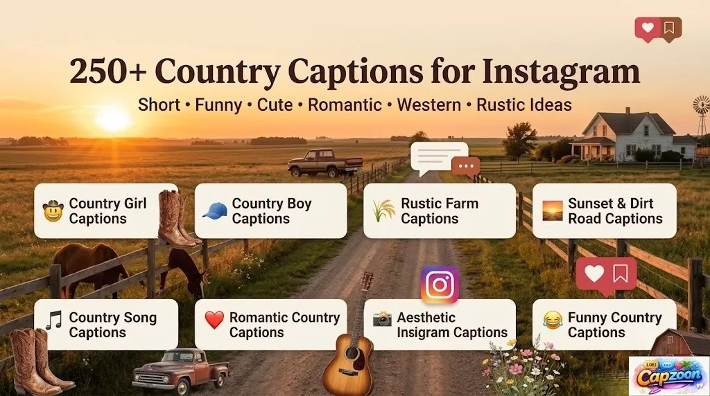250+ country captions for Instagram infographic featuring rustic countryside lifestyle, western vibes, farm scenes, sunsets, and caption ideas for every mood.