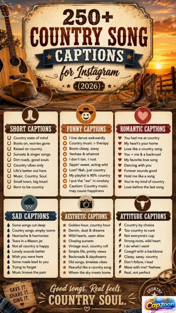  250+ country song captions for Instagram infographic featuring short, funny, romantic, sad, and aesthetic western captions in a stylish cowboy-themed design.