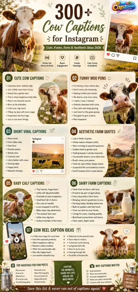 300+ cow captions for Instagram infographic featuring cute, funny, aesthetic, farm, calf, and dairy farm caption ideas for animal lovers and countryside posts.
