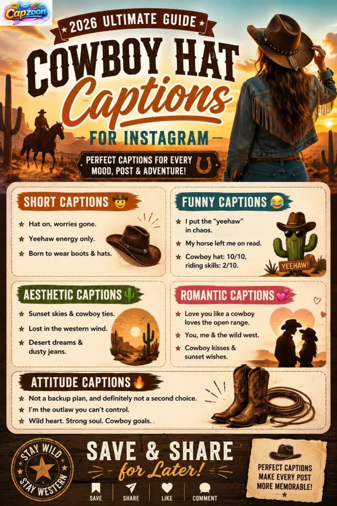 Cowboy hat captions for Instagram infographic featuring funny, aesthetic, romantic, and attitude caption ideas with western desert sunset background for 2026 social media posts.