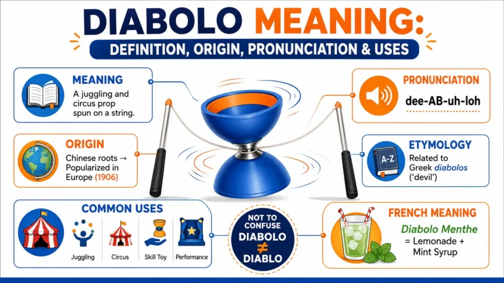 Diabolo meaning infographic showing the definition, pronunciation, origin, etymology, juggling toy, and differences between diabolo and diablo.