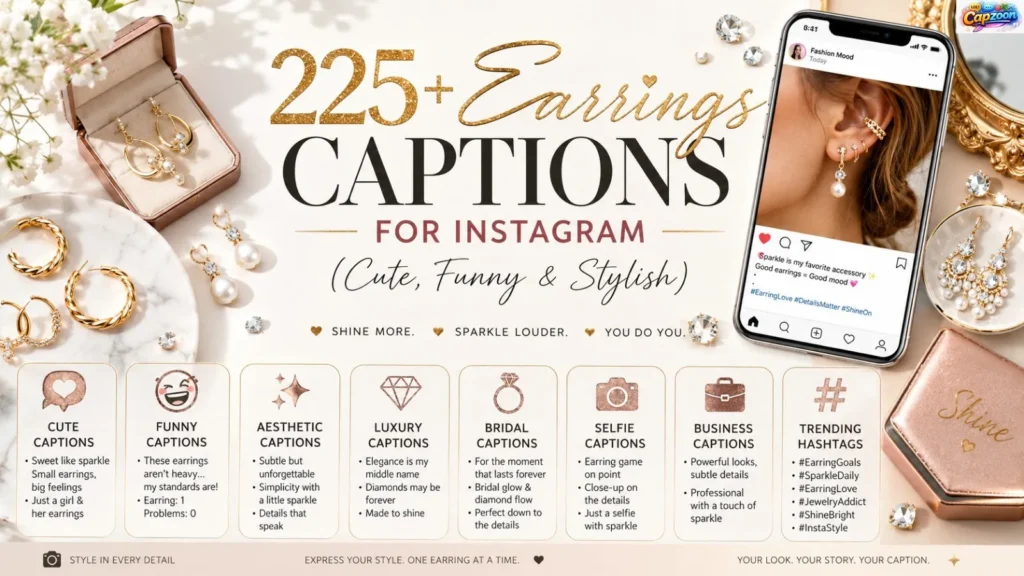 Infographic featuring 225+ earring captions for Instagram with cute, funny, stylish, luxury, gold, silver, hoop, pearl, diamond, bridal, and aesthetic caption ideas.
