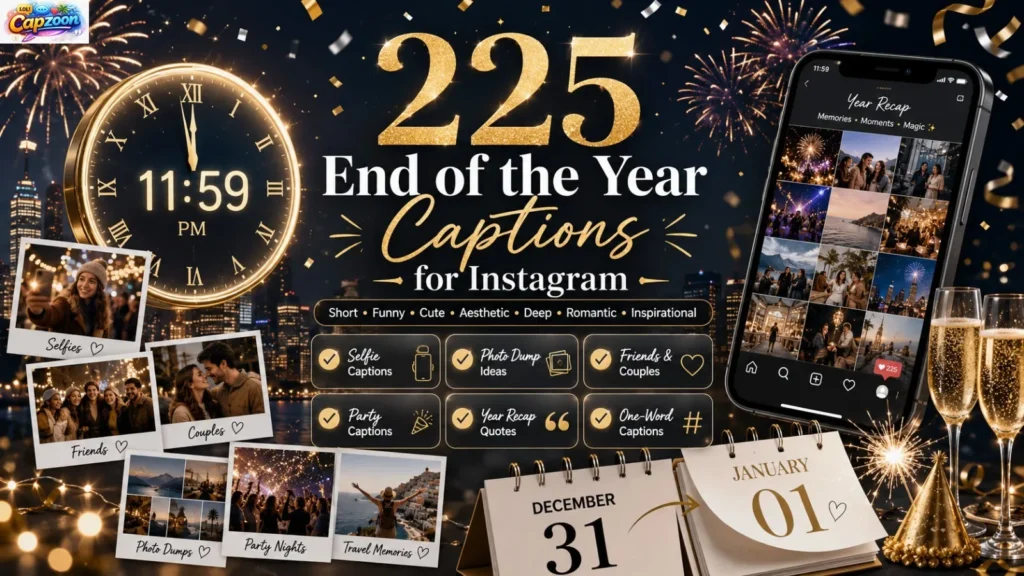 End of the Year Captions for Instagram infographic featuring 225 caption ideas for selfies, photo dumps, friends, couples, parties, funny, aesthetic, and inspirational year-end posts.