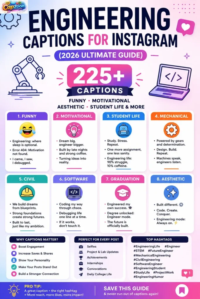 Engineering captions for Instagram infographic 2026 featuring 225+ funny, motivational, aesthetic, and engineering student captions for viral social media posts.