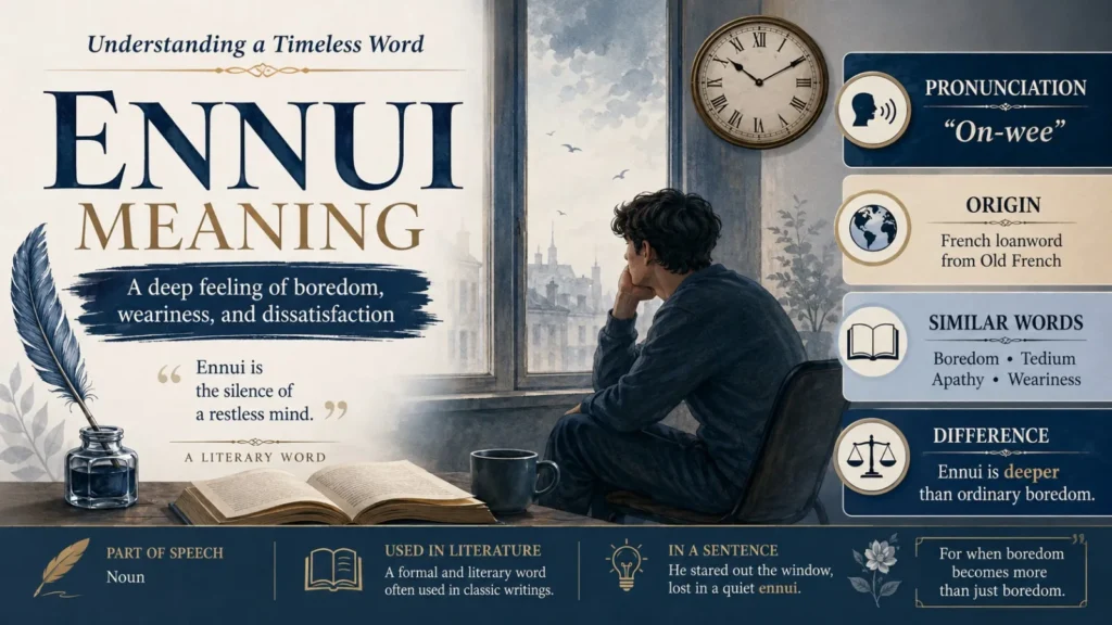 Ennui meaning infographic explaining definition, pronunciation, origin, synonyms, and difference from boredom and apathy.