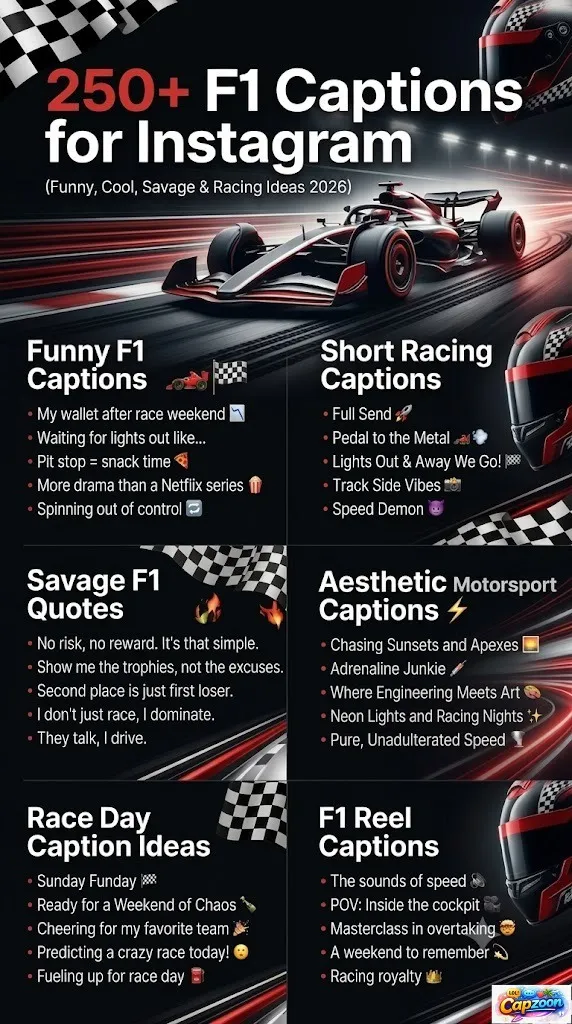 250+ F1 captions for Instagram infographic featuring funny, cool, savage, aesthetic, and race day Formula 1 caption ideas for fans.