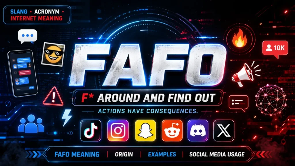 FAFO Meaning infographic showing the acronym F* Around and Find Out, its origin, warning meaning, and modern internet slang usage across social media platforms.**