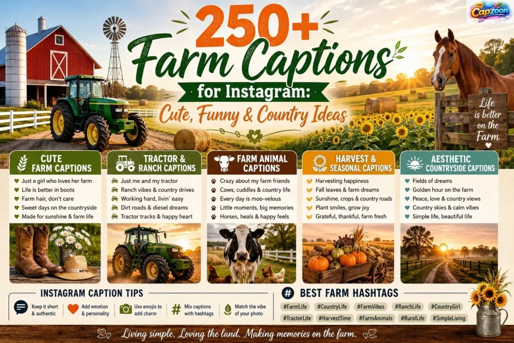 250+ Farm Captions for Instagram featuring cute, funny, rustic, tractor, animal, harvest, and countryside caption ideas.