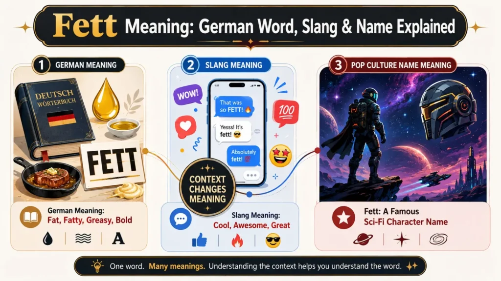 Fett Meaning infographic explaining German definition, slang usage, pronunciation, and pop culture name meaning.
