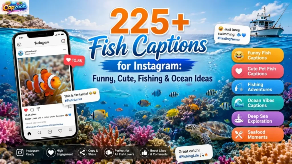 225+ fish captions for Instagram featuring funny, cute, fishing, ocean, aquarium, and underwater photo ideas.