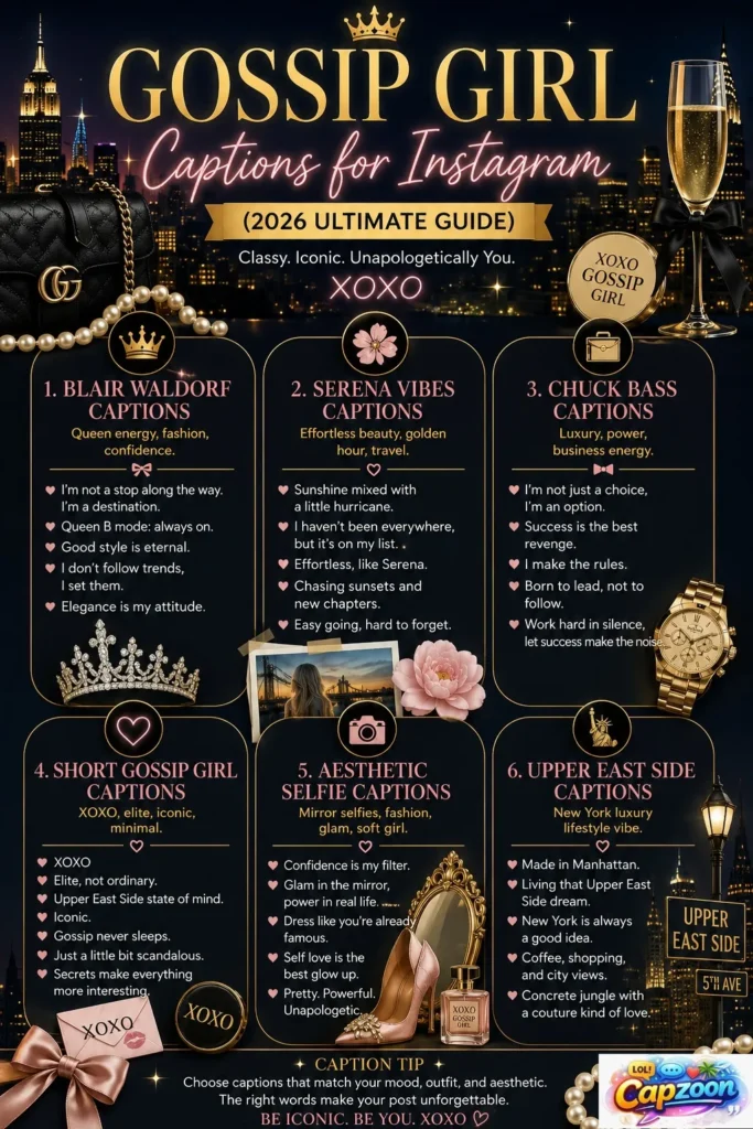 Gossip Girl captions for Instagram infographic featuring Blair Waldorf, Serena, Chuck Bass, and Upper East Side aesthetic captions for 2026 social media trends.