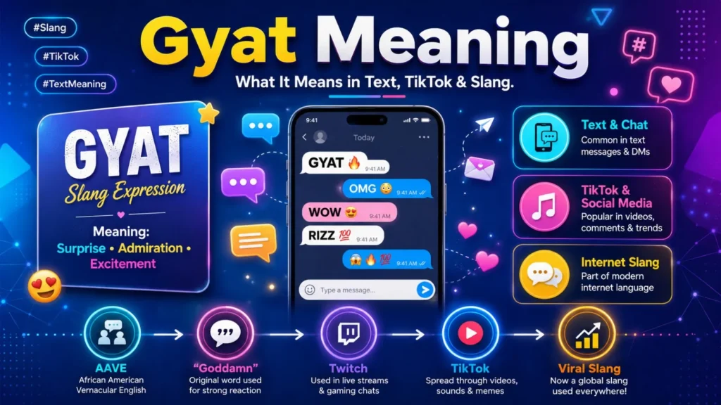 Gyat Meaning infographic explaining what gyat means in text messages, TikTok, social media slang, its origin, pronunciation, and modern internet usage.