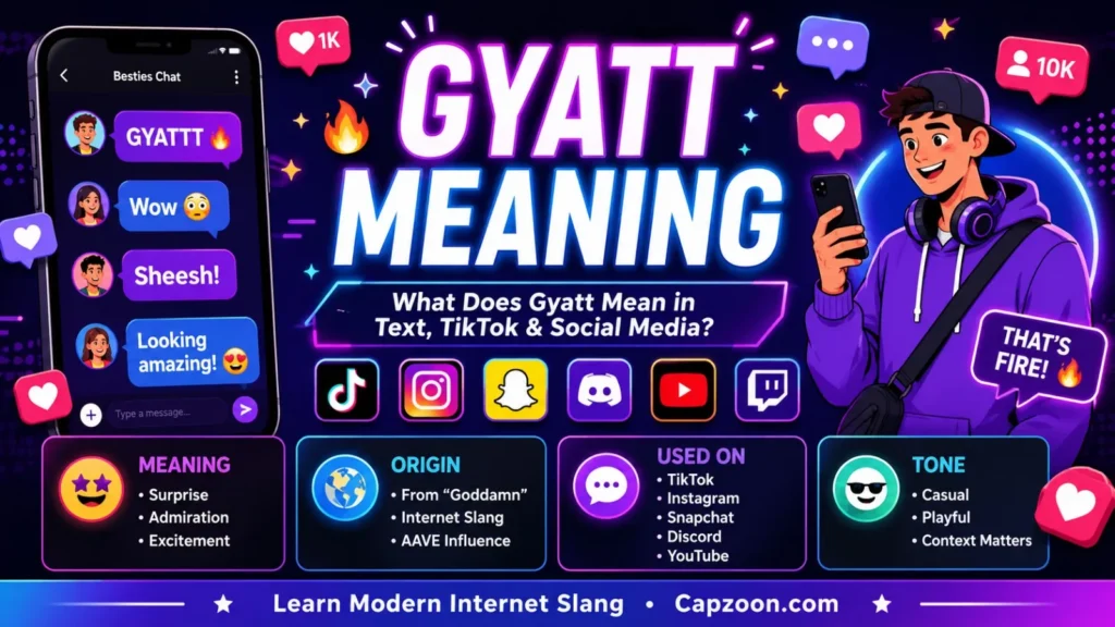 Gyatt Meaning infographic explaining what gyatt means in text messages, TikTok, Instagram, and social media, including its origin, usage, pronunciation, and examples.